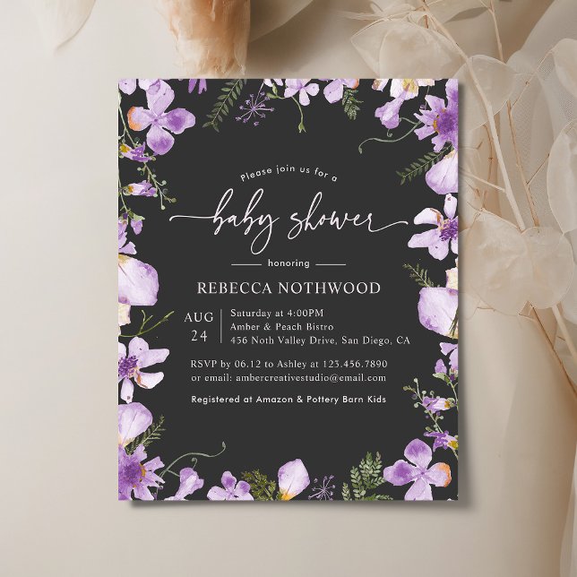 Budget Modern Purple Floral Baby Shower Invitation (Creator Uploaded)