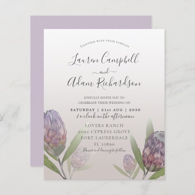 Budget Modern Purple Floral Wedding Invitation (Front/Back)