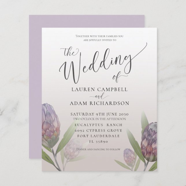 Budget Modern Purple Floral Wedding Invitation (Front/Back)