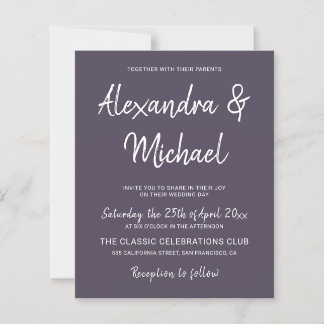 Budget modern purple plum wedding invitation (Front)