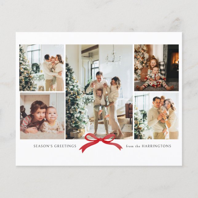 BUDGET Modern Red Bow Photo Collage Holiday Card (Front)