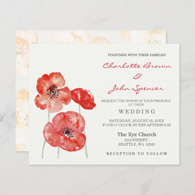 Budget Modern Red Poppy Floral Wedding invitations (Front/Back)