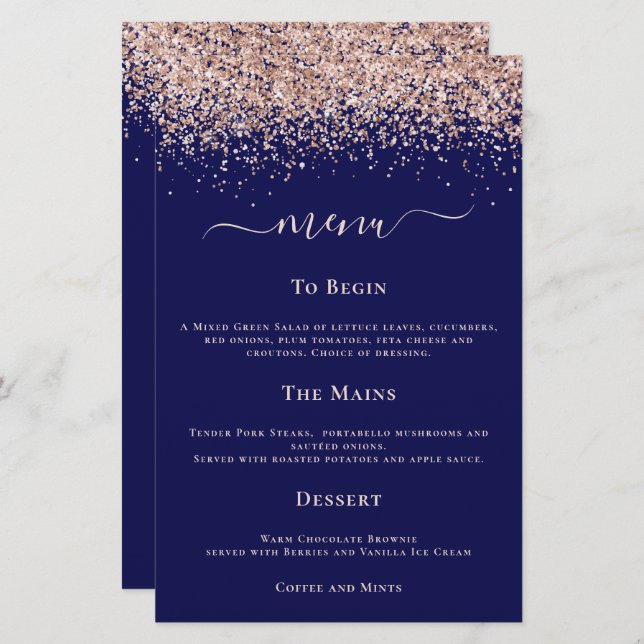 Budget Modern Rose Gold Glitter Wedding Navy Menu (Front/Back)