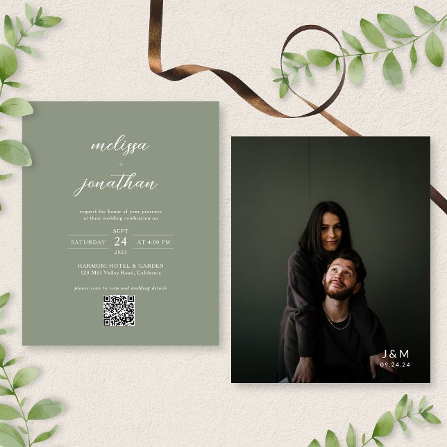 BUDGET Modern Sage Green Photo QR Code Wedding (Creator Uploaded)