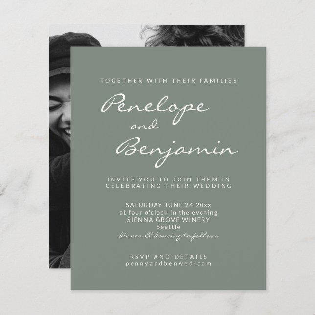 Budget Modern Sage Green Photo Wedding Invite (Front/Back)