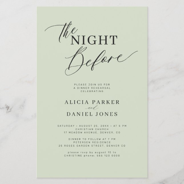 Budget modern sage rehearsal dinner invitation flyer (Front)