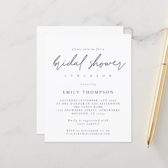 Budget Modern Script Bridal Shower Invitation (Front/Back In Situ)