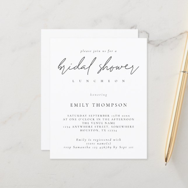 Budget Modern Script Bridal Shower Invitation (Front/Back In Situ)