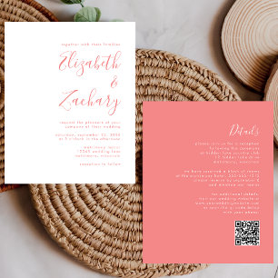 Budget Modern Script Coral QR Code Wedding Invite