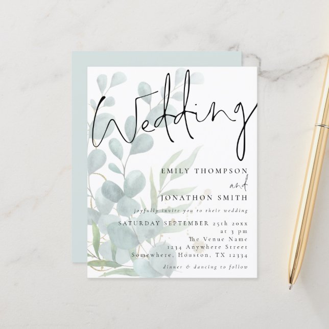 Budget Modern Script Eucalyptus Wedding Invitation (Front/Back In Situ)