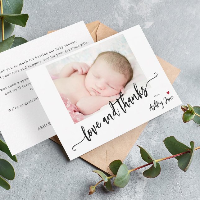 Budget modern script photo baby shower thank you card (Creator Uploaded)