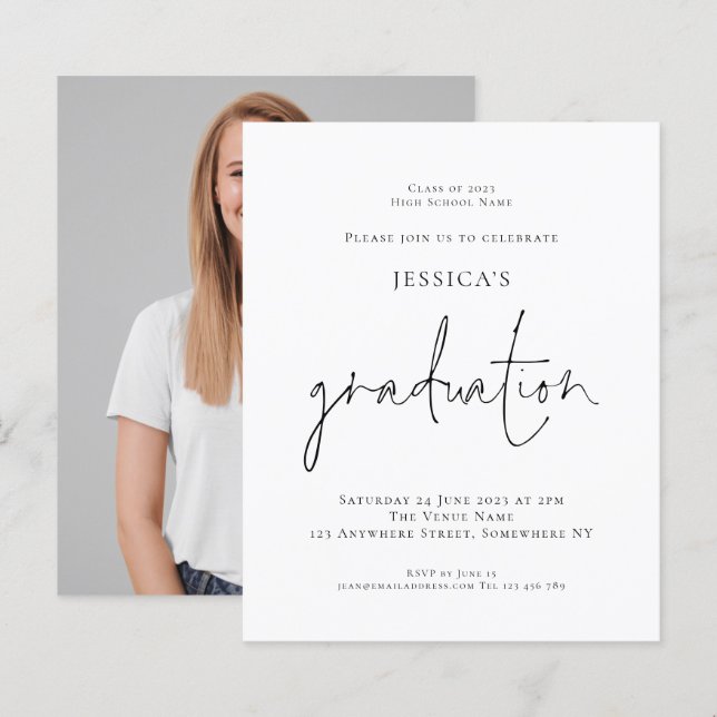 Budget Modern Script Photo Grad 2024 Party Invite (Front/Back)