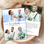 Budget Modern Script Photo Wedding Thank You Card<br><div class="desc">Budget Modern Elegant Love and Thanks Script 3 Photo Collage Wedding Thank You affordable low budget thin card. Stylish wedding thank you template featuring 3 photo on the front with "Love and Thanks" text in a hand lettered calligraphy or typography swash tail font script in black and white. Little love...</div>