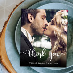 Budget Modern Script Wedding Photo Thank You Card<br><div class="desc">Budget Elegant Modern Hand Lettered Script Photo Wedding Thank You affordable low budget thin card. Modern Stylish wedding thank you template featuring a full vertical photo on the front with overlay text "Thank You" in a hand lettered typography script font in white on the picture. ***PLEASE NOTE! *** BUDGET PAPER/FLYER...</div>
