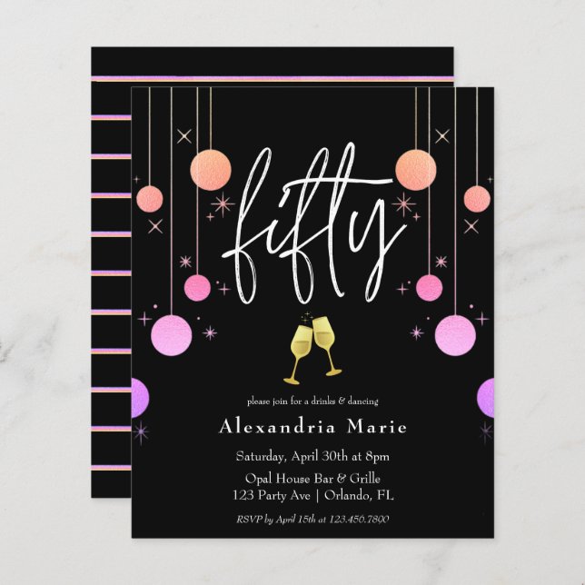 Budget Modern Sparkle 50th Birthday Invitation (Front/Back)