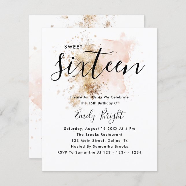 Budget Modern Stylish Pink Gold Sweet 16 Invite  (Front/Back)