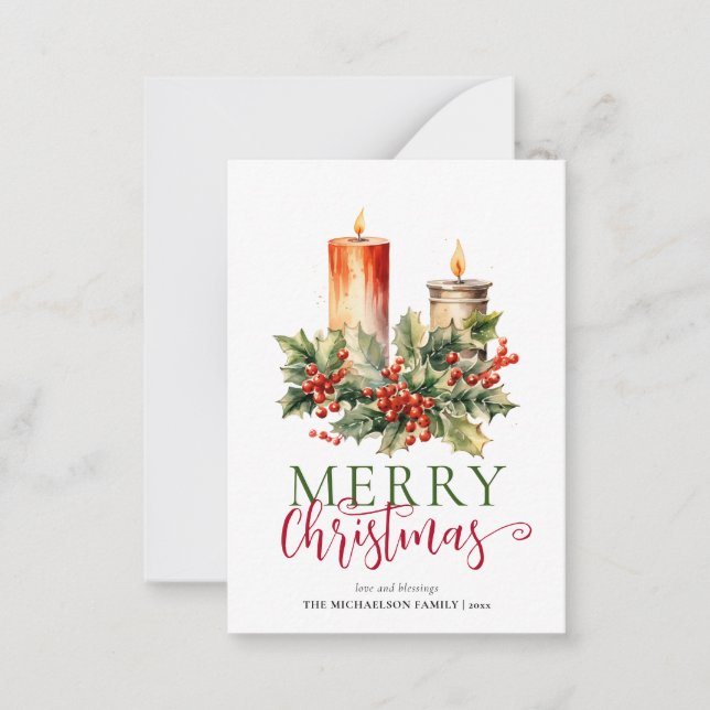 Budget Modern Watercolor Candle Merry Christmas Card (Front)