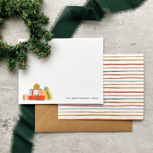 Budget Modern Watercolor Christmas Gifts Holiday Card (Watercolor Christmas presents note cards with colorful stripes on the back. Great budget gift idea!)