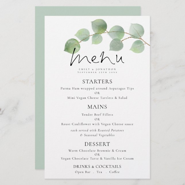 Budget Modern Watercolor Eucalyptus Wedding Menu (Front/Back)