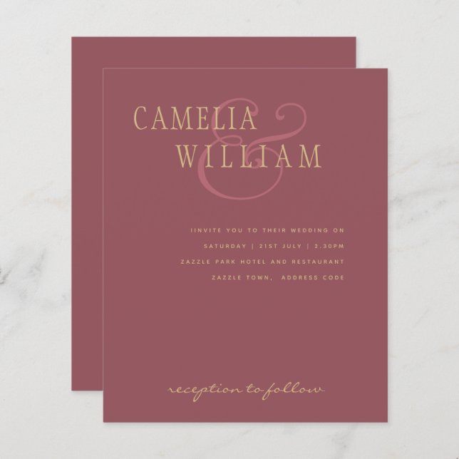 BUDGET Modern Wedding Dusty Rose Pink Gold Invite (Front/Back)