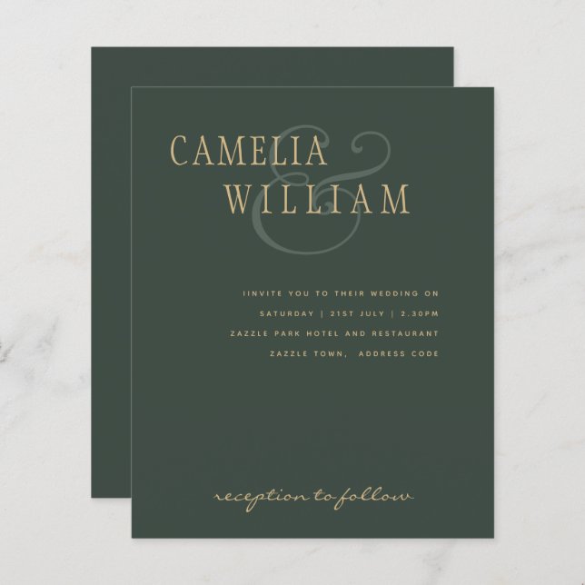 BUDGET Modern Wedding Moss Green Gold Invitation (Front/Back)