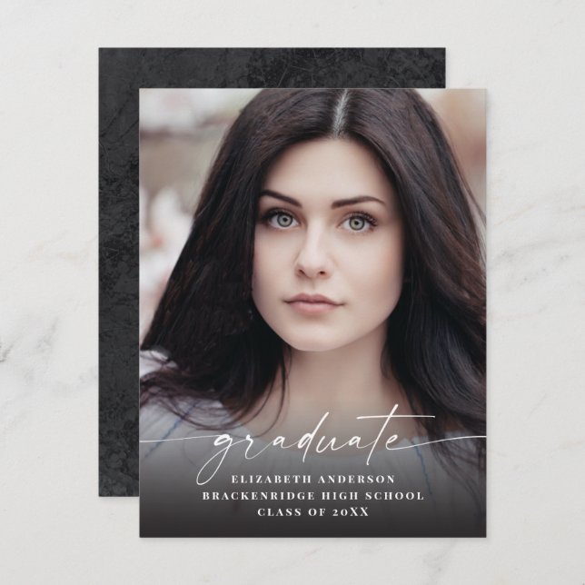 Budget Modern White Script Photo Graduation Announcement (Front/Back)