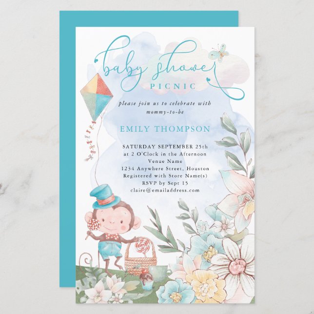Budget Monkey Boy Teal Baby Shower Picnic Invite (Front/Back)