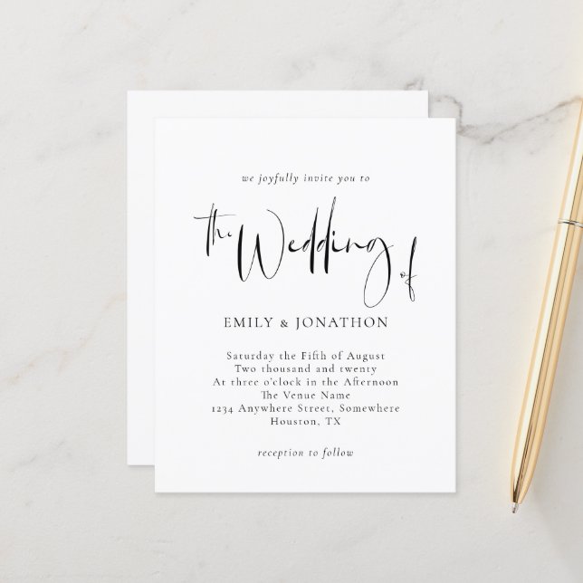 Budget Monochrome Script Wedding Invitation (Front/Back In Situ)