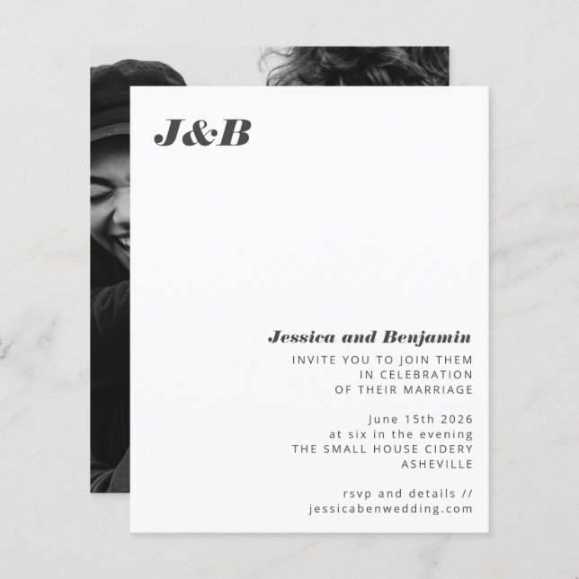 Budget Monogram Black White Photo Wedding Invite (Front/Back)