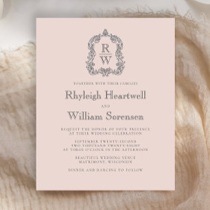 Budget Monogram Crest Blush Pink Wedding Invite