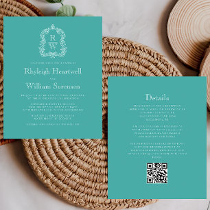 Budget Monogram Crest Turquoise QR Code Wedding