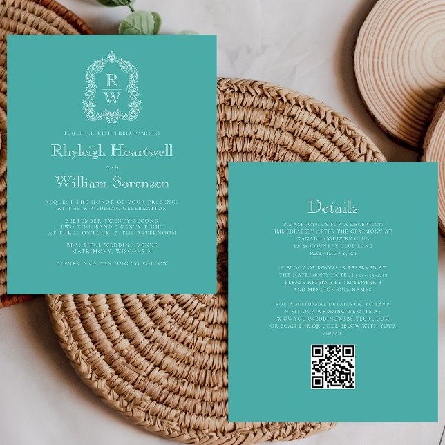 Budget Monogram Crest Turquoise QR Code Wedding (Creator Uploaded)