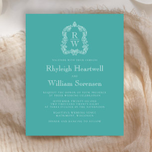 Budget Monogram Crest Turquoise Wedding Invitation