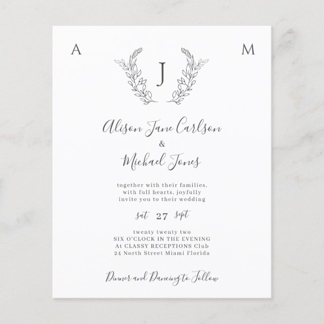 Budget monogram elegant leaves wedding invitation  flyer (Front)