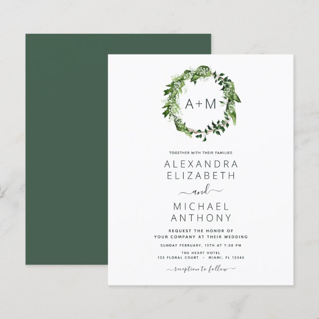 Budget Monogram Emerald Green Greenery Wedding (Front/Back)