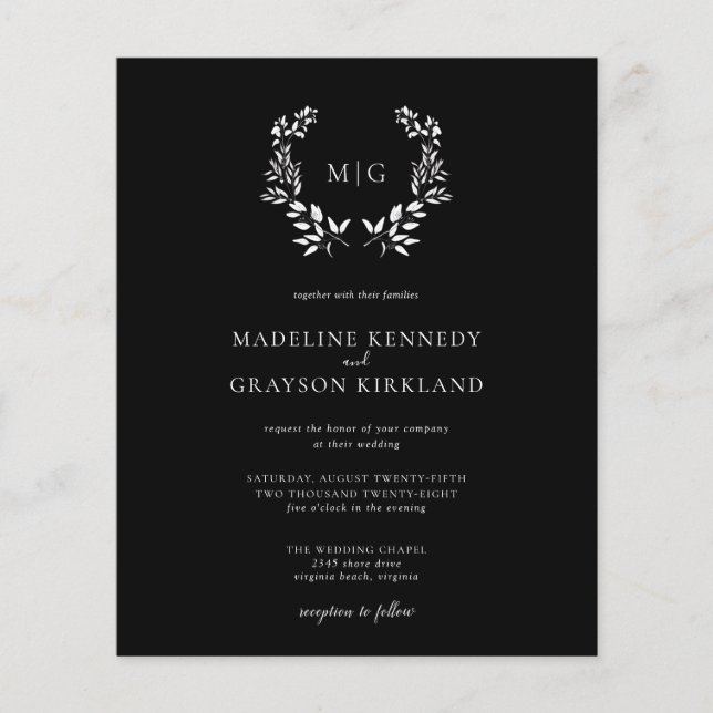 Budget Monogram Floral Wedding Invitation  (Front)