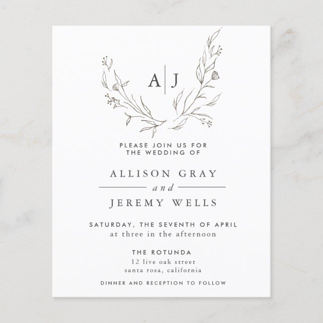 Budget Monogram Floral Wedding Invitation Flyer (Front)