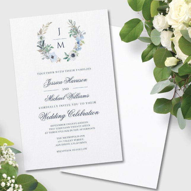 Budget Monogram Greenery Wreath Wedding Invitation (Creator Uploaded)