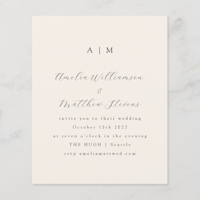 Budget Monogram Ivory Minimal Wedding Invitation (Front)