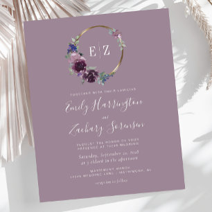 Budget Monogram Purple Wreath Mauve Wedding Invite