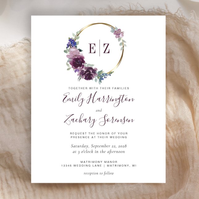 Budget Monogram Purple Wreath Wedding Invitation (Creator Uploaded)