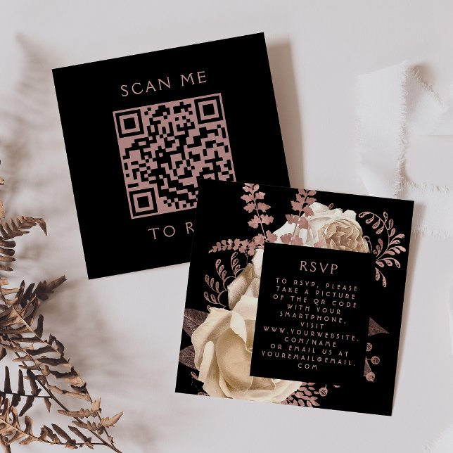 Budget Moody Floral Ivory Rose Gold QR Code RSVP Enclosure Card (Creator Uploaded)