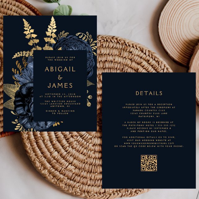 Budget Moody Floral Navy Blue Gold QR Code Wedding (Creator Uploaded)