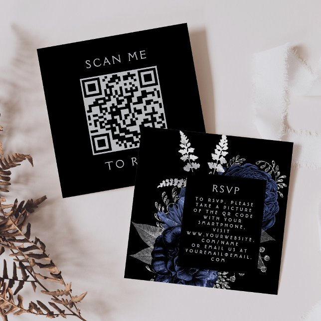 Budget Moody Floral Navy Blue Silver QR Code RSVP Enclosure Card (Creator Uploaded)