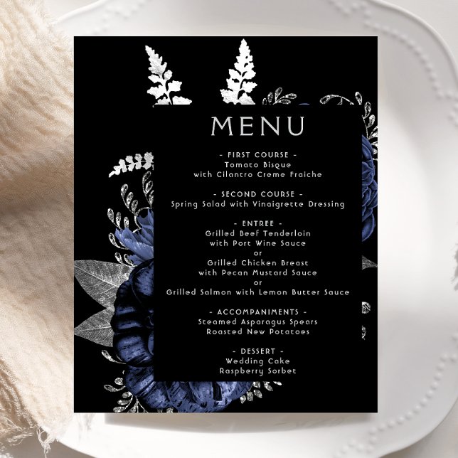 Budget Moody Floral Navy Blue Silver Wedding Menu (Creator Uploaded)