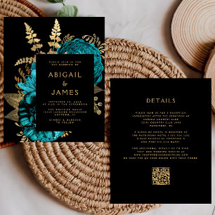 Budget Moody Floral Turquoise Gold QR Code Wedding