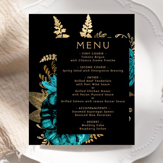 Budget Moody Floral Turquoise Gold Wedding Menu (Creator Uploaded)
