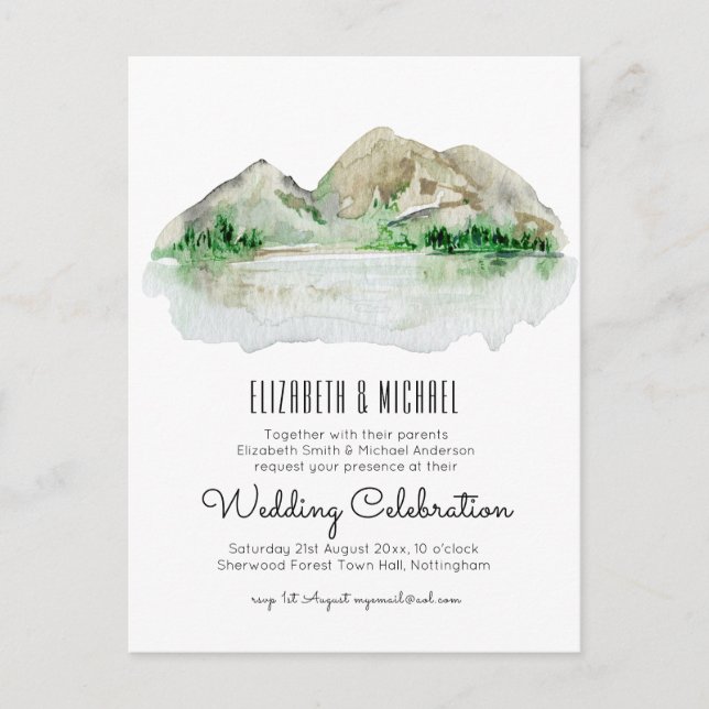 Budget Mountain Lake Wedding Invitation Watercolor Postcard (Front)