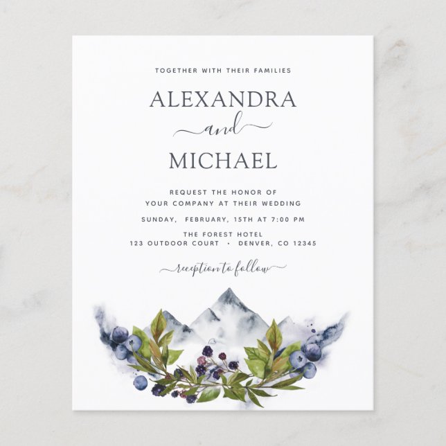 Budget Mountain Rustic Greenery Wedding Flyer (Front)