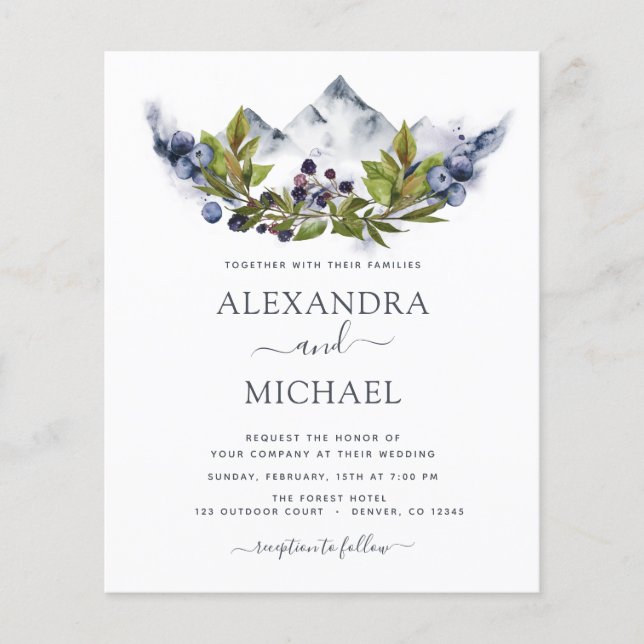 Budget Mountain Rustic Watercolor Greenery Wedding Flyer (Front)